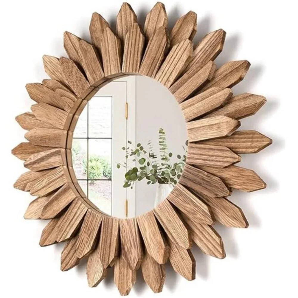 Wall Mirror Decorative 12 inch Rustic Wood Mirror Sunburst Boho Mirror for Entry
